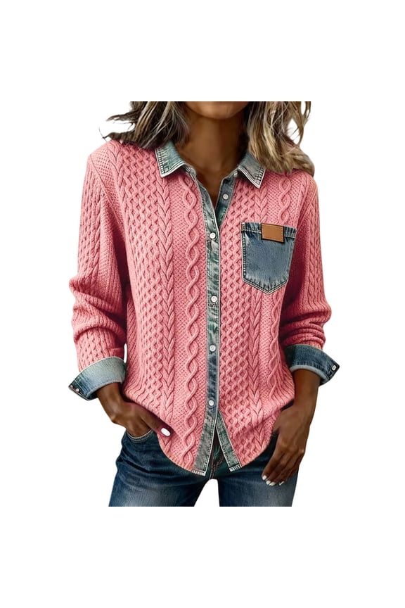 Denim Sweater for Women Collar Button Up Patchwork Denim Shirts Patchwork Denim Long Sleeve Shirts Vintage Waffle Cable Knit Jean Sweater Trendy Casual Blouses Pink S