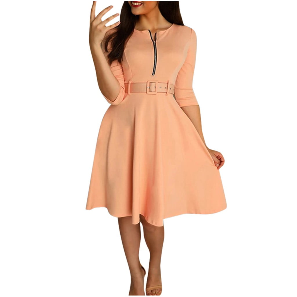 solid zipper up belted pleated casual dress Pleated dress with belt - Women