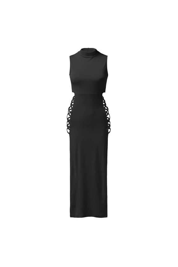 Dresses, High Slit Sleeveless Double Split Crew Neck, Women Summer Dress Side Slit Dress Solid Vestidos Casuales Para Mujer Verano Mid-Length Women, Black Size M