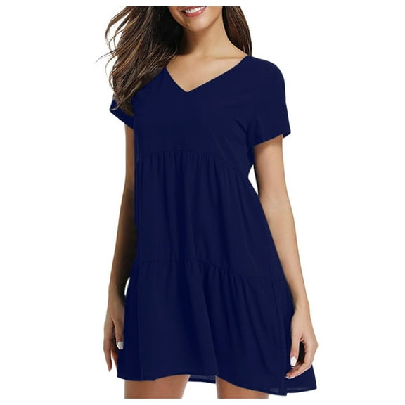WTXUE Dresses, Shift Short Sleeve Vestidos Casuales Para Mujer V-Neck, Sleeve Short Ruffle Casual V Swing Loose Dress Solid Mid-Length Women, Blue Size M