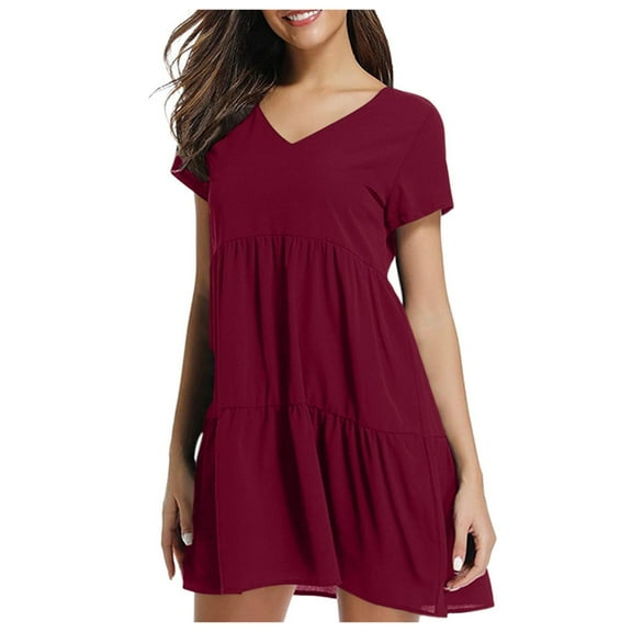 WTXUE Dresses, Shift Short Sleeve Vestidos Casuales Para Mujer V-Neck, Sleeve Short Ruffle Casual V Swing Loose Dress Solid Mid-Length Women, Red Size L