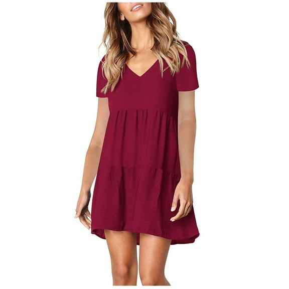 WTXUE Dresses, Shift Short Sleeve Vestidos Casuales Para Mujer V-Neck, Sleeve Short Ruffle Casual V Swing Loose Dress Solid Mid-Length Women, Red Size M