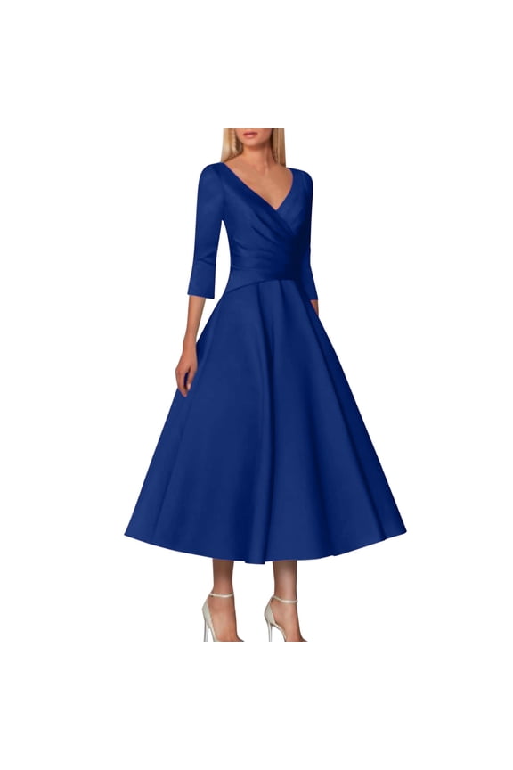 Dresses for Women 2024, A-Line Wedding Guest Retro Plus Size Elegant V-Neck Tea Length Satin Half Sleeve with Pleats, Blue Dress Women, Blue 2XL