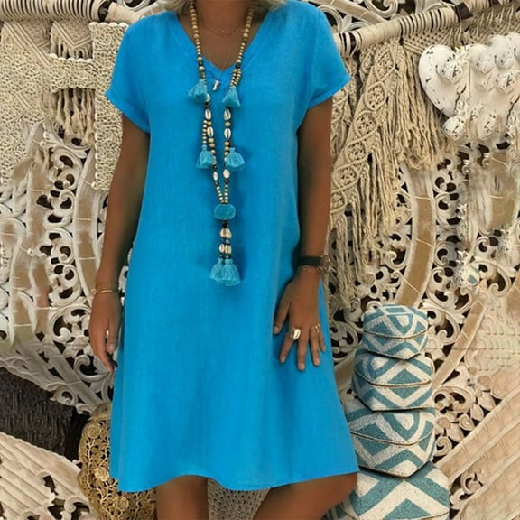 WTXUE Dresses for Women 2024, Short Sleeve Loose V Collar Short Summer Sleeve Leisure Women's Dresses Women's Dress, Plaincolor Dresses for Women | Blue 3XL