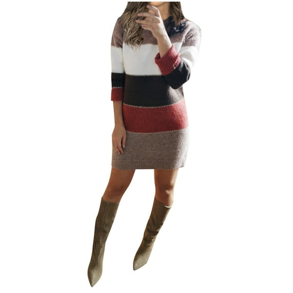 WTXUE Dresses for Women 2024, Trendy Women's Sweater Dress Round Neck Sleeve Color Block Knitted Turtleneck Sweater Dresses, Red Dresses for Women, Red L