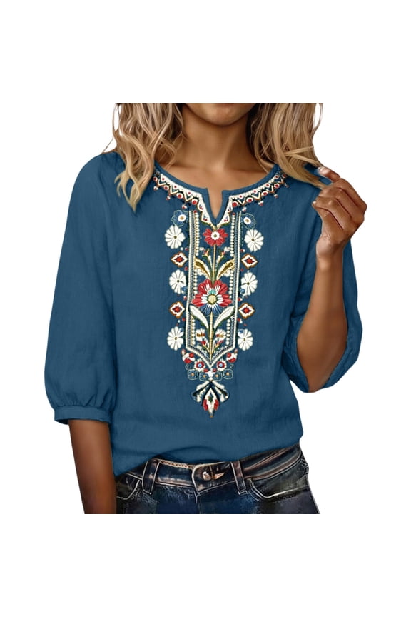 Embroidered Cotton Linen Boho Shirts 3/4 Sleeve V Neck Pleated Shirt Tunic Peasant Blouses Business Casual Tops Basic Tops Dressy Blouses Trendy Tops Pleated Peasant Summer Blouse Dark Blue Xl