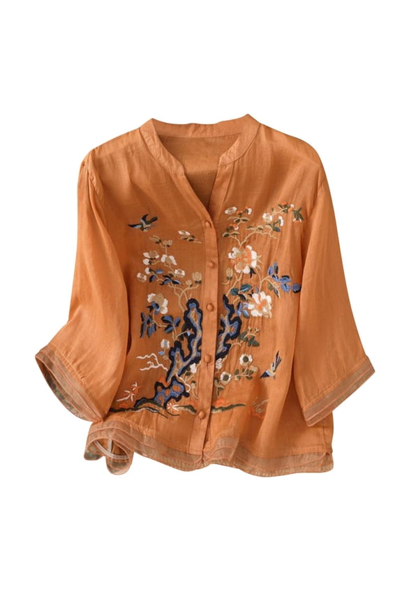 Embroidered Cotton Linen Shirts 3/4 Sleeve Gauze Boho Top Casual Dressy Peasant Gauze Blouse Tunic Blouses Peasant Boho Top Boho Retro 3/4 Sleeve Peasant Blouses Summer Casual Blouse Orange M