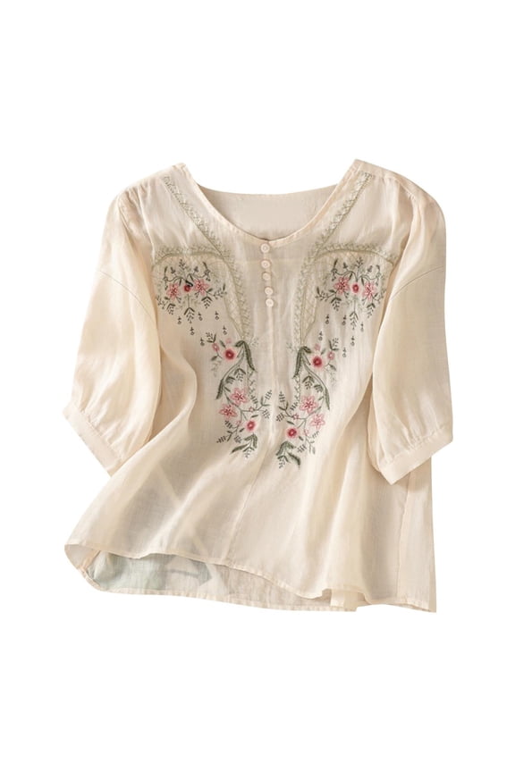 Embroidered Cotton Linen Shirts Gauze Shirts for Women Embroidered Linen Shirts Dressy Casual Bohemian Tops Loose Tunics Floral Embroidered Cotton Linen Shirts Casual Bohemian Shirts Beige 5Xl
