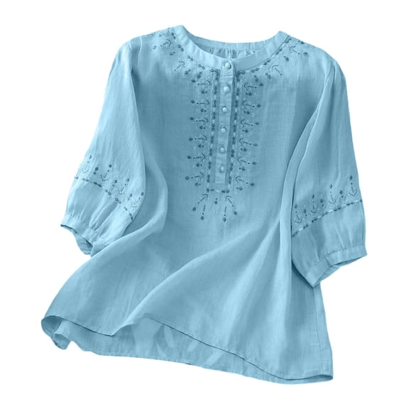 WTXUE Embroidered Cotton Linen Shirts Loose Tunics Gauze Blouses Gauze Boho Tunic Tops Casual Trendy Boho Peasant Gauze Blouses Breathable Gauze Shirts Linen Tops Cotton Gauze Shirt Sky Blue S