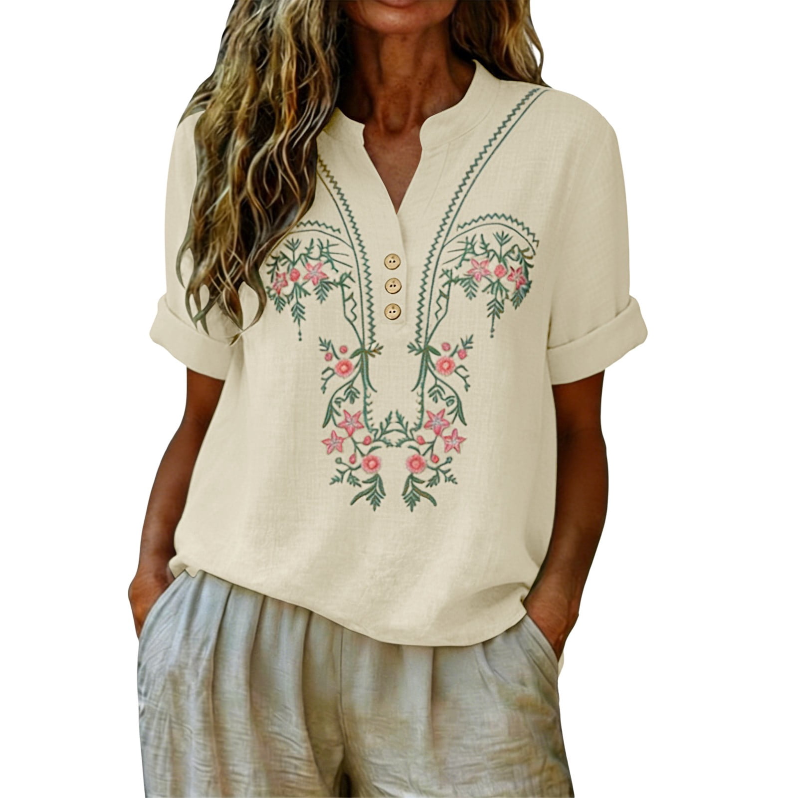WTXUE Embroidered Cotton Linen Shirts Summer Boho Beach Embroidered ...