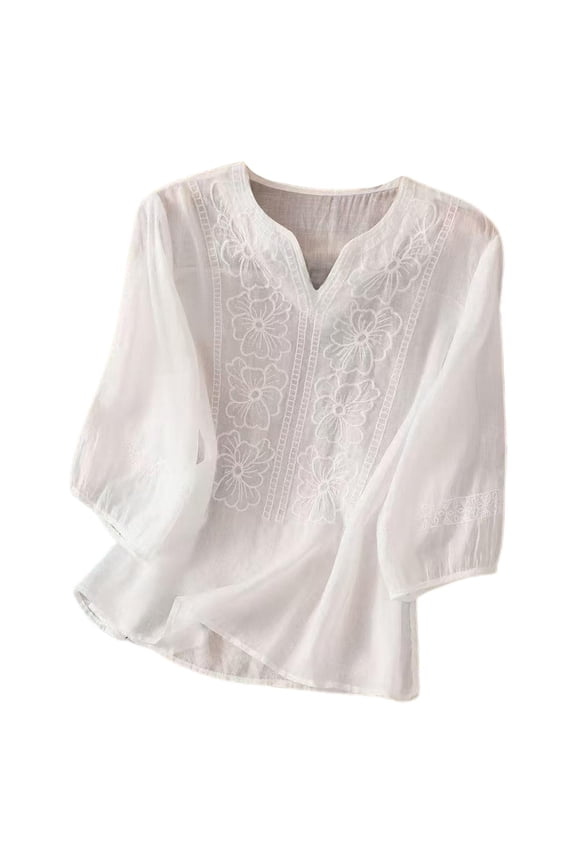 Embroidered Cotton Linen Shirts Summer Boho Peasant Gauze Blouses Boho Peasant Gauze Blouses Gauze Shirts for Women Teacher Loose Tunics Breathable Gauze Shirts Gauze Boho Tunic Tops White M