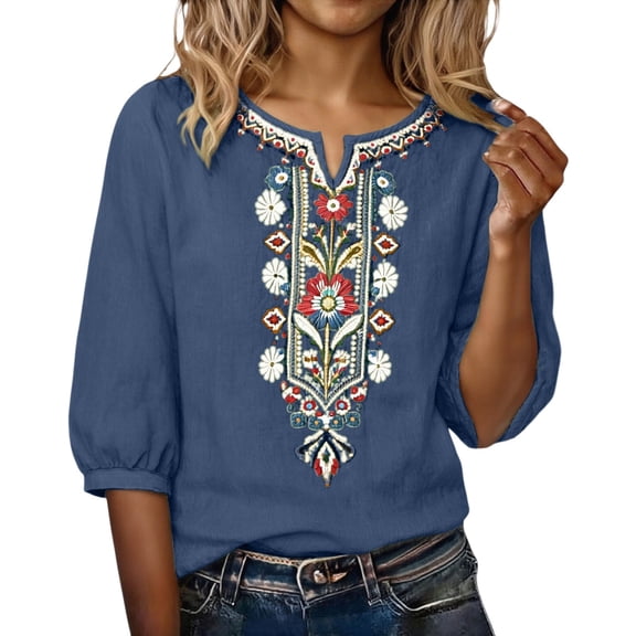 WTXUE Embroidered Cotton Linen Shirts Tunic Blouses Peasant Boho Top Gauze Boho Tunic Tops 3/4 Sleeve Shirts Dressy Casual Bohemian Tops Loose Tunics Plus Size Tunic Peasant Clothes Dark Blue L