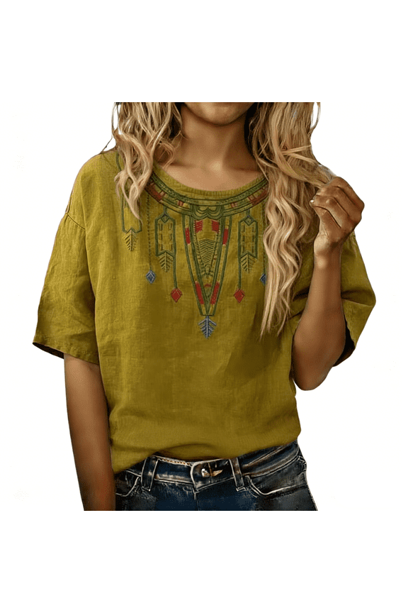 Ethnic Embroidered Cotton Linen Shirts Short Sleeve Crewneck Shirt Soft Comfortable Plus Size Tunic Peasant Fashion T-Shirts Plus Size Blouses Work Shirt Trendy Summer Boho Tops B Xl