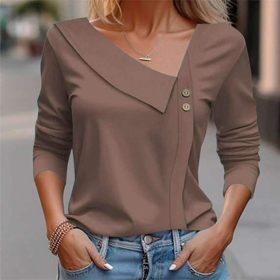 WTXUE Fall Tops for Women 2024, Long Sleeve Asymmetrical Neck Tops Button Collared V Neck Blouses 2024 Fashion Work Casual Dressy Shirts, Plaincolor T-Shirts for Women | Coffee S