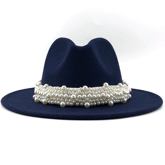 WTXUE Fedora, Women's British Fashion Elegant Jazz Hat Pearl Ring with Top Hat Big Brim Hat Ladies Woolen Hat, Dark Blue, M