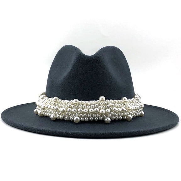 WTXUE Fedora, Women's British Fashion Elegant Jazz Hat Pearl Ring with Top Hat Big Brim Hat Ladies Woolen Hat, Dark Gray, L