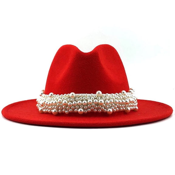 WTXUE Fedora, Women's British Fashion Elegant Jazz Hat Pearl Ring with Top Hat Big Brim Hat Ladies Woolen Hat, Red, L