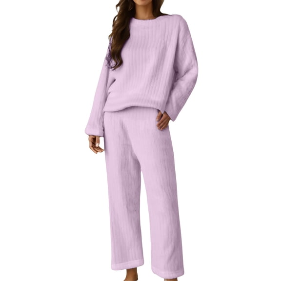 WTXUE Flannel Pajamas for Women Set Ribbed Knit Loungewear Set Crewneck Top with Wide-Leg Pants Winter Warm Fuzzy Sleepwear Soft Fleece Plush Lounge Sets Purple Xl