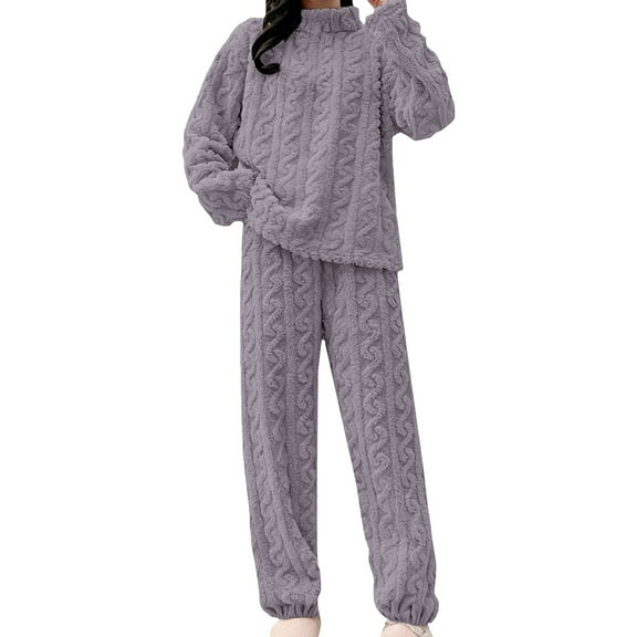 WTXUE Flannel Pajamas Set for Women Winter Warm Plush Cable Knit Sleepwear Loose Comfy Lounge Sets Fluffy Pajama Fleece Mock Neck Pullover Casual Nightwear Purple One Size