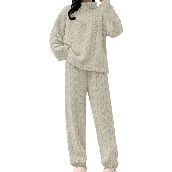 WTXUE Flannel Pajamas Set for Women Winter Warm Plush Cable Knit Sleepwear Loose Comfy Lounge Sets Fluffy Pajama Fleece Mock Neck Pullover Casual Nightwear White One Size