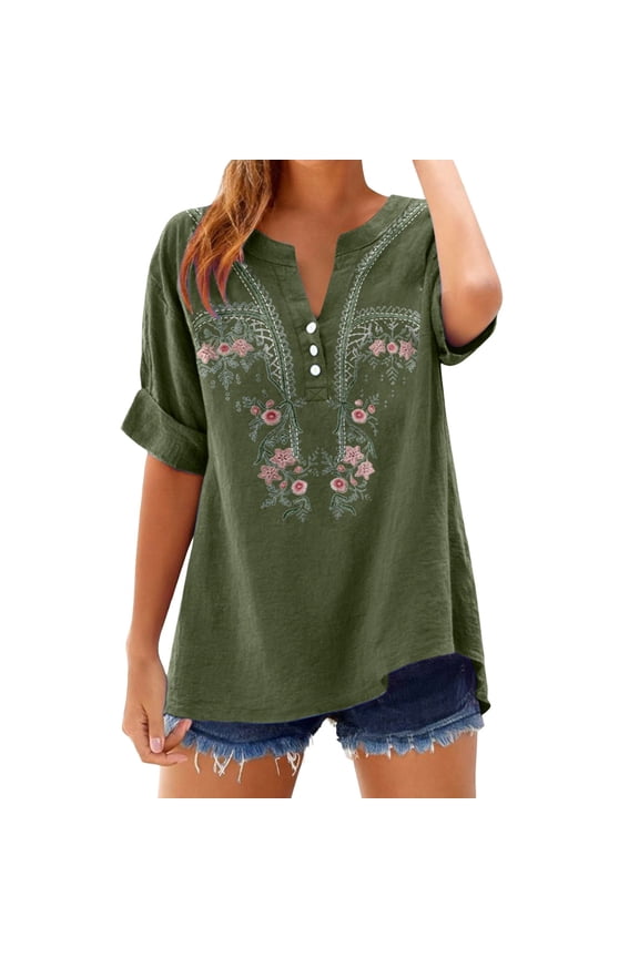 Floral Embroidered Cotton Linen Shirts for Women 3/4 Sleeve V Neck Button Gauze Boho Tops V Neck Gauze Tops Business Casual Tops Trendy Casual Tops Pullover Shirts Embroidered Tops Green 3Xl