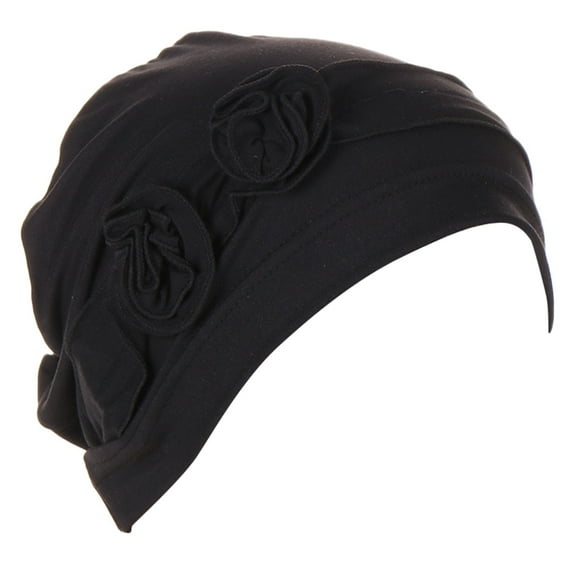 WTXUE Flower Heardband Ethnic Hair Cover Wrap Cotton Chemo Headwear for Women Turban Soft Cancer Head Scarf Hats Beanie Elastic Hair Wraps Pleated Hat Black One Size