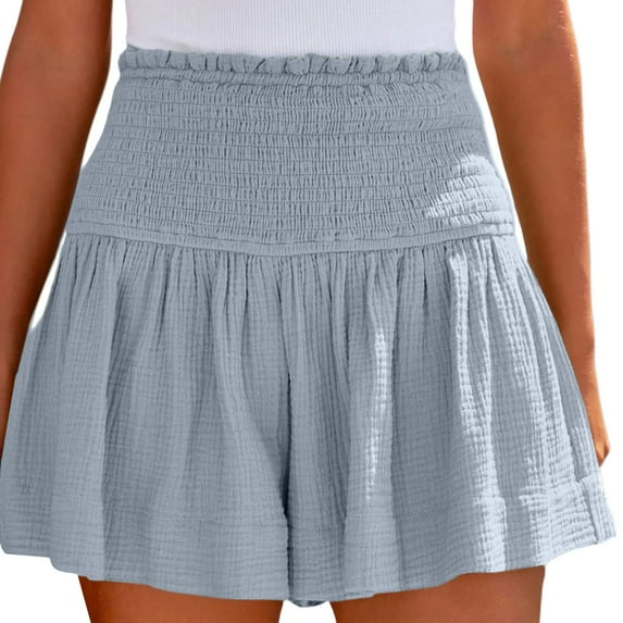 WTXUE Flowy Shorts, Pleated Shorts Women Womens Shorts Cotton High Elastic Waisted Pleated Ruffle Cute Shorts Flowy Casual Shorts, Beach Shorts, Grey