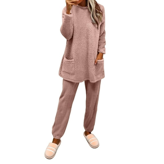WTXUE Fluffy Pajamas for Women Set Soft Comfy Warm Fleece Pjs Mock Neck Pullover and Leggings Loose Plush 2 Piece Sleepwear Fuzzy Loungewear for Winter Pink M