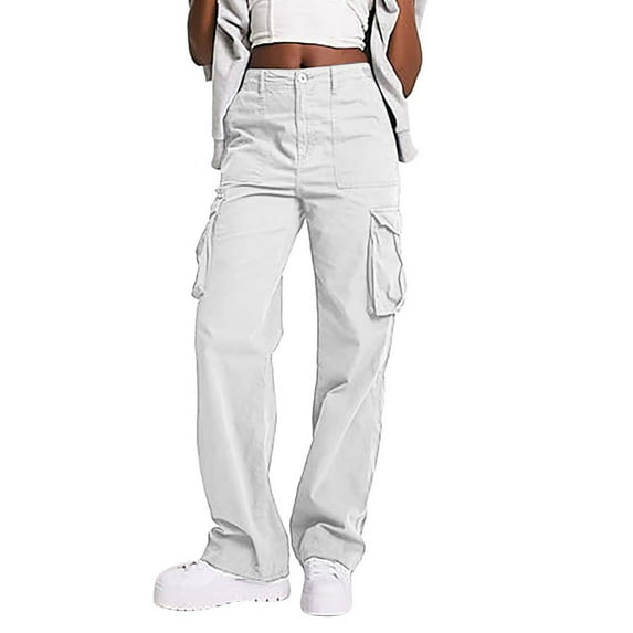 WTXUE Girls Cargo Pants, Pantalones De Mujer Women's Autumn And Winter Casual Versatile High Waist Workwear Pants, Full-Length, White