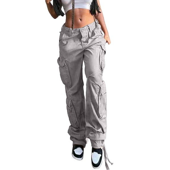 WTXUE Girls Cargo Pants, Scrub Pants Women's Solid Color Multi Pocket Cargo Casual Trousers, Low Rise Pantalones De Mujer, Grey
