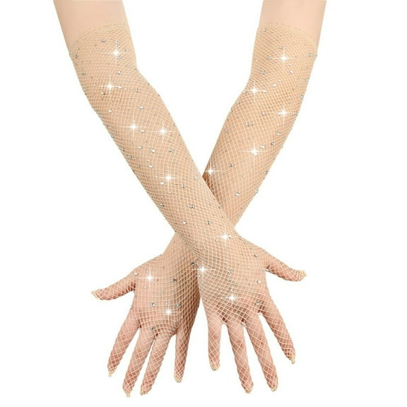 WTXUE Gloves Mittens Long Fishnet Mesh Gloves Bling Elbow Length Evening Party Dance Party Glove for Women and Girls Beige One Size