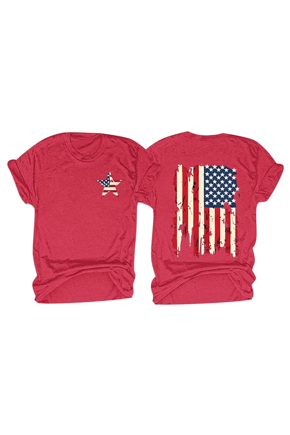 Graphic Tees for women Casual Printing Short Sleeves ROUND Neck Loose T Shirt Blouse Tops Red White and Blue Shirts, Red Large