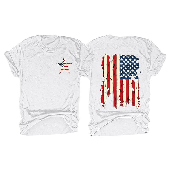 WTXUE Graphic Tees for women Casual Printing Short Sleeves ROUND Neck Loose T Shirt Blouse Tops Red White and Blue Shirts, White Small