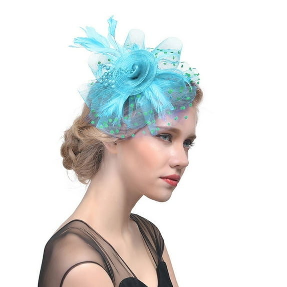 WTXUE Headbands for Women, Hat for Women Tea Party Headband Wedding Flower Cocktail Mesh Feathers Hair Clip, 1# Sky Blue