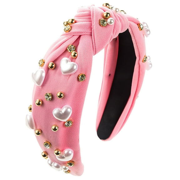 WTXUE Heardband Jeweled Knotted Headband Crystal Pearl Embellished Trendy Headband Wide Top Knot Non Slip Fashion Hairband Accessories Birthday Gift for Women Girl Pink One Size