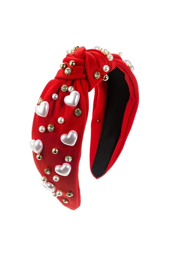 Heardband Jeweled Knotted Headband Crystal Pearl Embellished Trendy Headband Wide Top Knot Non Slip Fashion Hairband Accessories Birthday Gift for Women Girl Red One Size