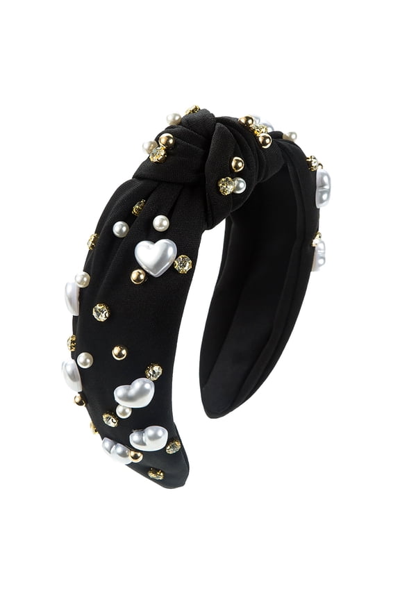 Heardband Jeweled Knotted Headband Crystal Pearl Embellished Trendy Headband Wide Top Knot Non Slip Fashion Hairband Accessories Birthday Gift for Women Girl Black One Size