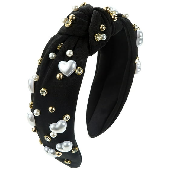 WTXUE Heardband Jeweled Knotted Headband Crystal Pearl Embellished Trendy Headband Wide Top Knot Non Slip Fashion Hairband Accessories Birthday Gift for Women Girl Black One Size