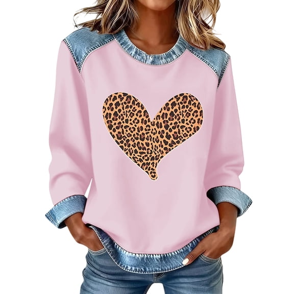 WTXUE Heart Print Tops Love Heart Graphic Print Crewneck Pullover Patchwork Denim Long Sleeve Shirts Soft Sweatshirts Thick Sweatshirts Tunic Sweatshirts Oversized Sweatshirt Purple L