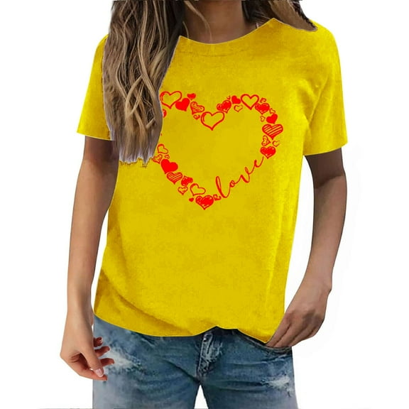 WTXUE Heart Shirt Heart Printed Shirts Graphic Tees Short Sleeve Crewneck Tops Basic Shirts Athletic Shirts Basic Tees Casual Blouses Work Shirts Soft T Shirts Yellow L