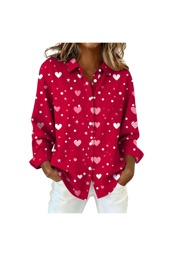 Heart Shirts for Women Valentines Oversized Button Down Shirt Casual Shirts Heart Print Tops Loose Tops Heart Blouses Valentine Heart Shirt Cute Shirts Valentine's Day Shirt for Womn Red Xl
