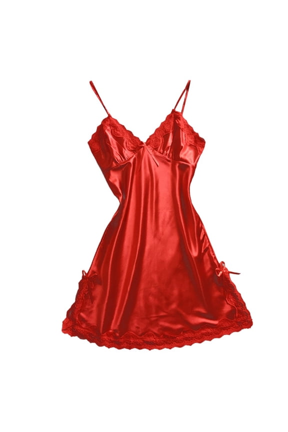| Nightshirts & Gowns Women Satin Bowknot Lace Lingerie V-Neck Sleepdress Underwear | 1 Piece Red XL