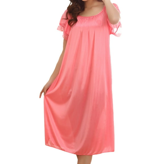 WTXUE Intimates | Nightshirts & Gowns Women Summer Home Lace Ice Silk Loose Plus Oversize Nightgown Dress | 1 Piece Watermelon Red