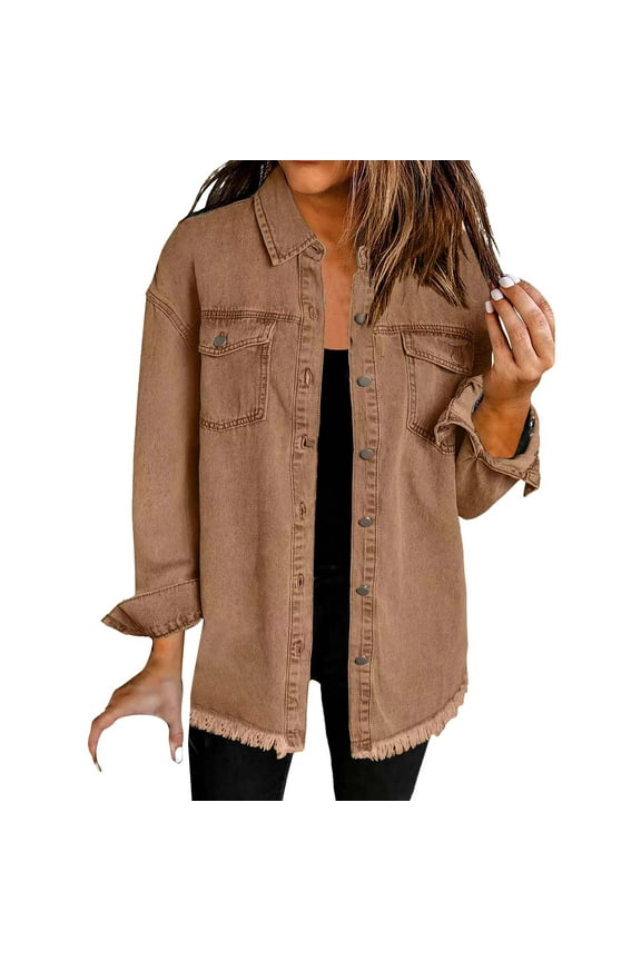 Jacket Jean Jacket Women Washed Denim Shirt Jacket Fashion Casual Hem Women's Jacket Fringe Jacket Women, Brown XX-Large
