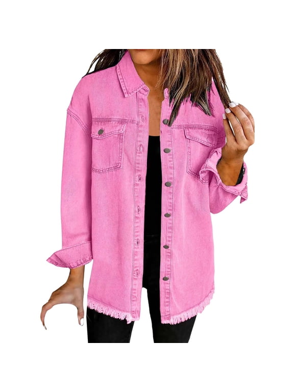 Jacket Jean Jacket Women Washed Denim Shirt Jacket Fashion Casual Hem Women's Jacket Fringe Jacket Women, Hot Pink Medium