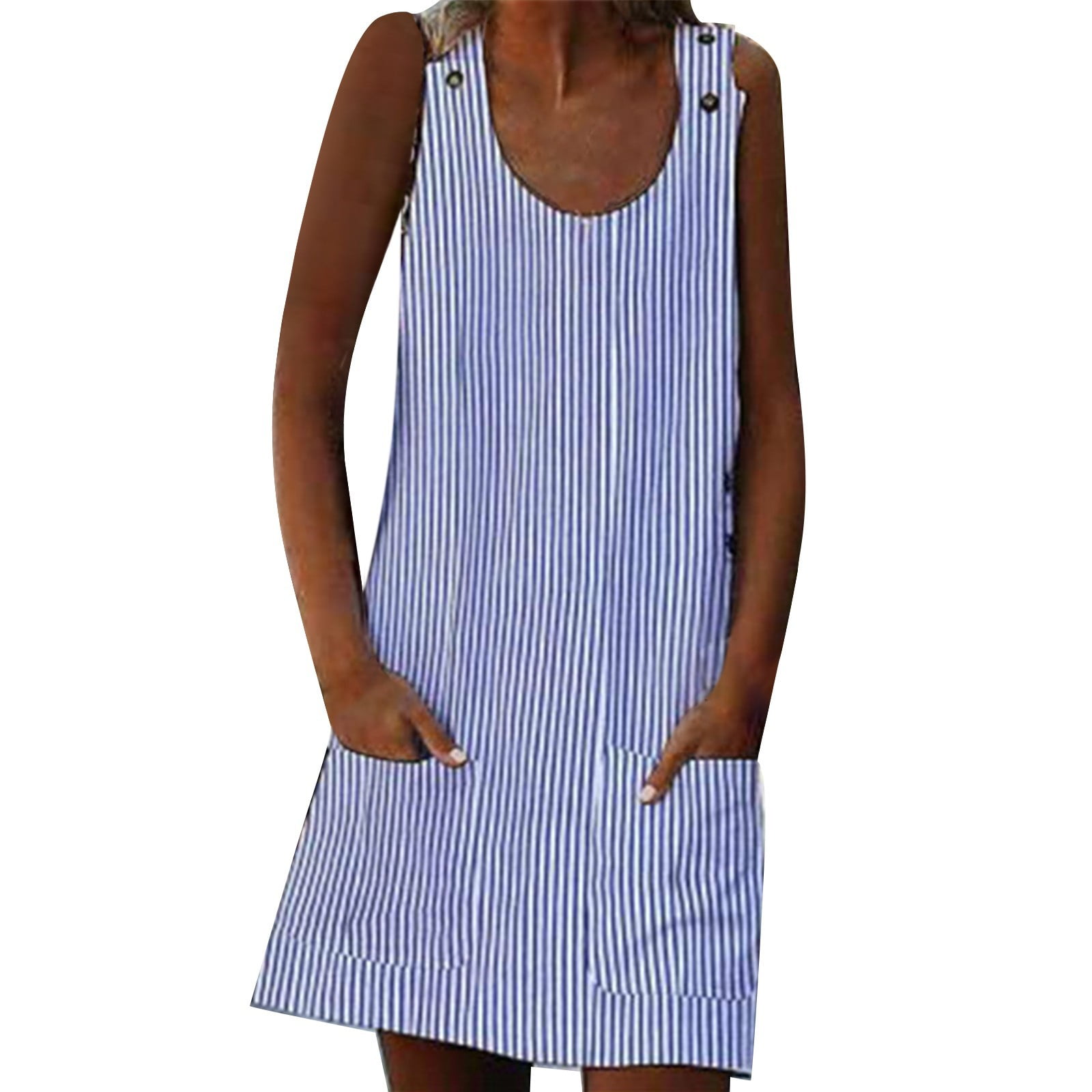 WTXUE Jumper, Sun Dress Sleeveless With Pockets Crew Neck, Women Wing Sleeve Button Striped Camisole Dress Solid Vestidos Casuales Para Mujer Verano Mid-Length Women's Plus, Blue Size XL