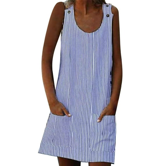 WTXUE Jumper, Sun Dress Sleeveless With Pockets Crew Neck, Women Wing Sleeve Button Striped Camisole Dress Solid Vestidos Casuales Para Mujer Verano Mid-Length Women's Plus, Blue Size S