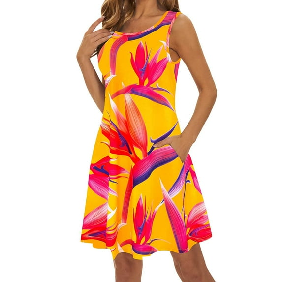 WTXUE Jumperskirt Bathing Suit Floral Print Spring Summer Loose Round Neck Camisole Sleeveless Vest Pocket Dress Swimsuit Beach Cover Up Loose Swimwear Cover-Ups (Women's) Size 3XL