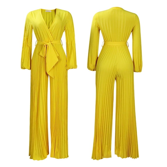 WTXUE Jumpsuits, Skort Long Sleeve A-Line V-Neck, Trousers Trousers Solid Vestidos Casuales Para Mujer Verano Maxi Women's Plus, Yellow Size 4XL