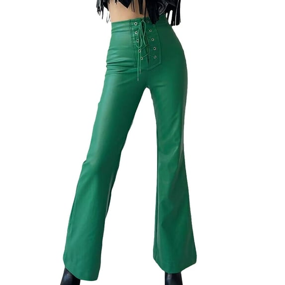 WTXUE Leather Pants for Women, Pantalones De Mujer Womens Faux Leather Flare Pants High Waisted Tie Front PU Leather Bell Bottom Pants Stretchy Wide Leg Leggings, Full-Length, Green